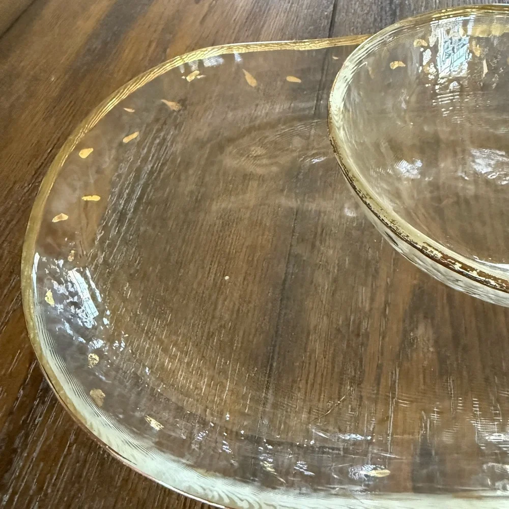 GLASAX German Glass Top Line Crystal Serving Dish and Small Bowl with Gold